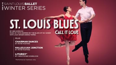 Promotional poster for the Saint Louis Ballet's Winter Series featuring "St. Louis Blues - Call It Love," with dancers performing and a vibrant red background.